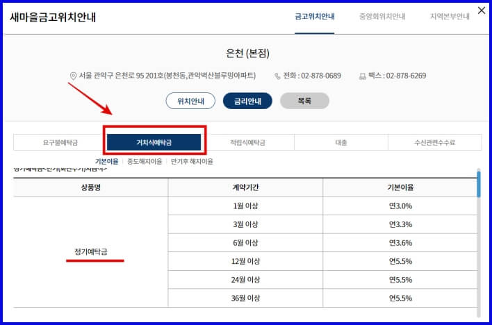 새마을금고 금리 조회화면